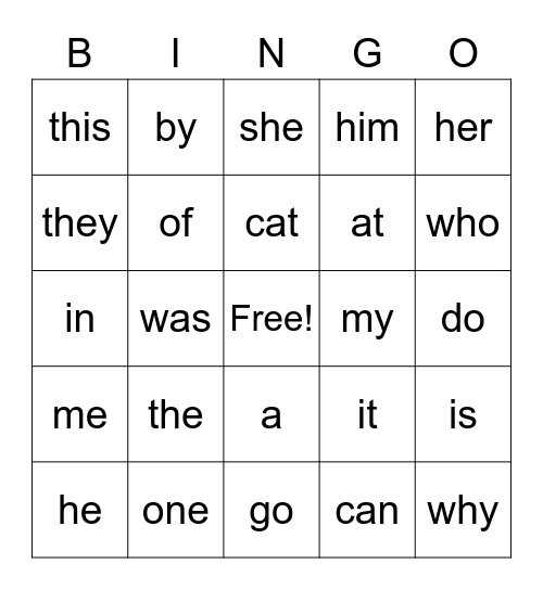 sight word Bingo Card