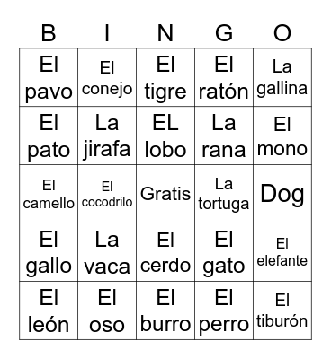Los Animales Bingo Card