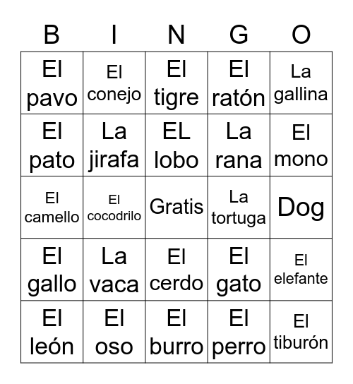 Los Animales Bingo Card