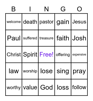 5th Sunday - Kids in Worship Bingo Card