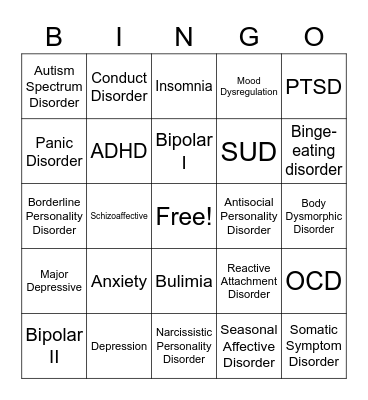 Mental Health Disorder Bingo Card