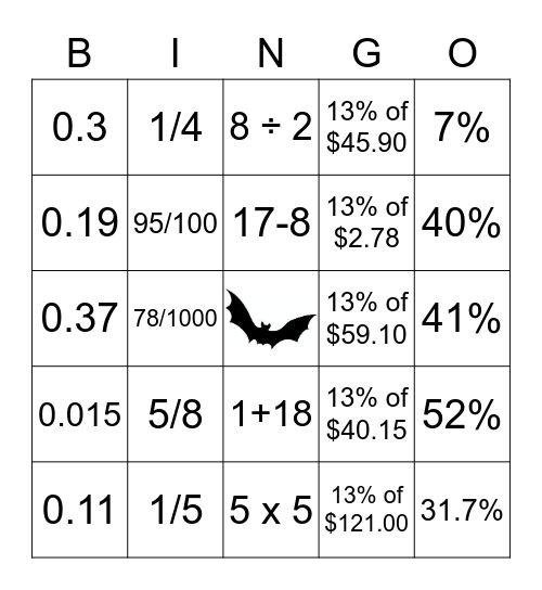 Percent Bingo Card