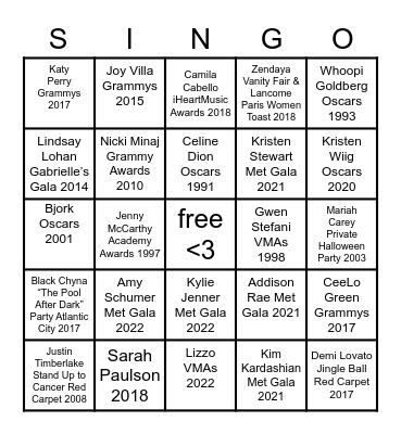 Student Fashion Society Singo! Bingo Card