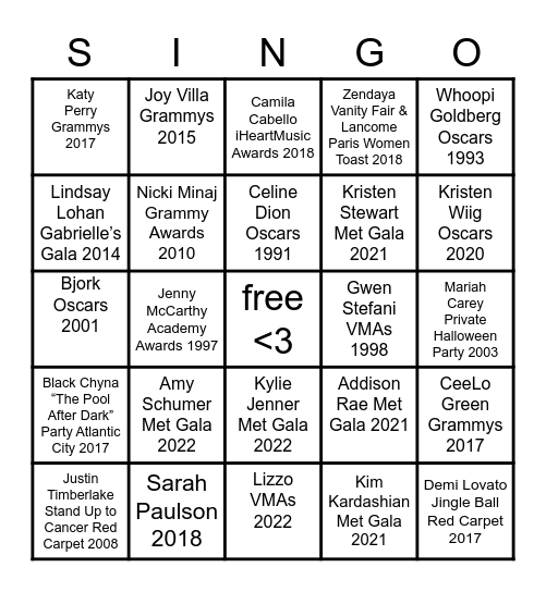 Student Fashion Society Singo! Bingo Card