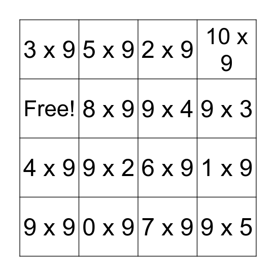Multiply by 9 Bingo Card