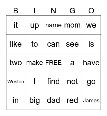 James Sight Words Bingo Card