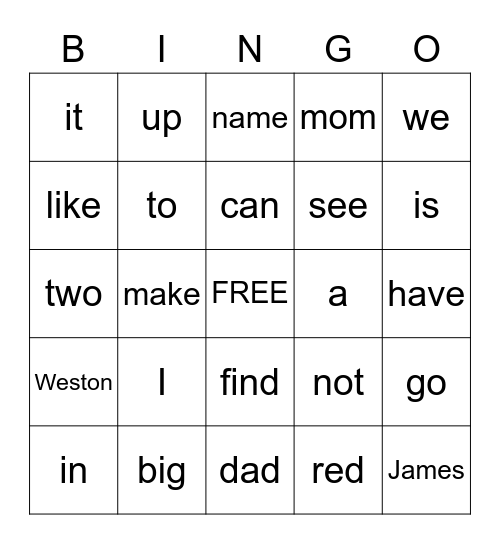 James Sight Words Bingo Card