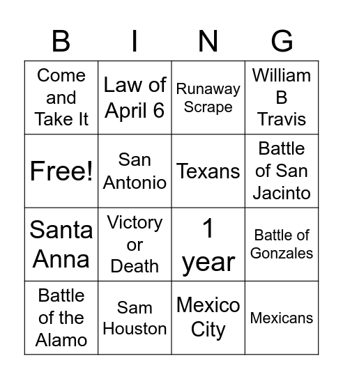 Texas Revolutio Bingo Card