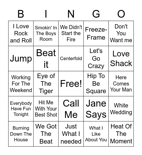 Rock Through The Decades 80's Bingo Card