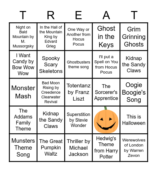 Halloween Music Bingo Card