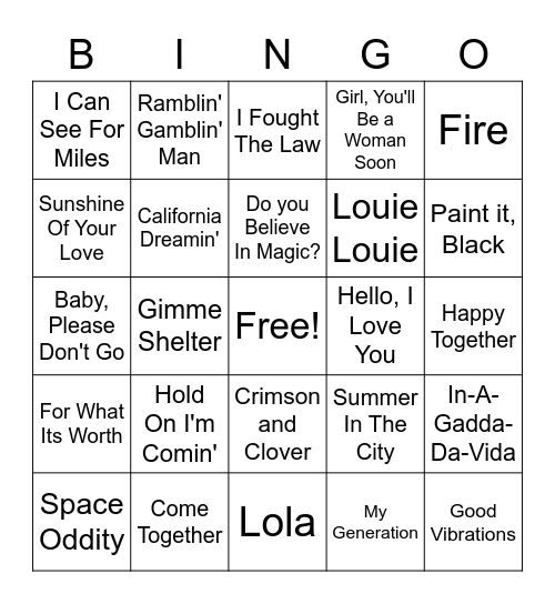 Rock Through The Decades 60's Bingo Card