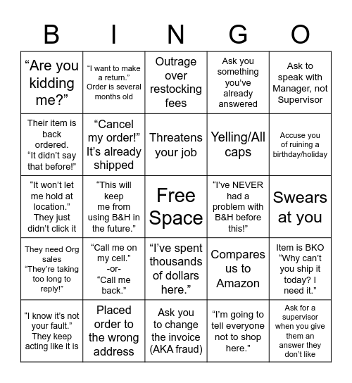 Customer Bingo Card