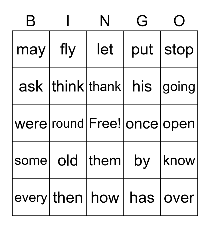 Dolch Word List - Grade One Bingo Card