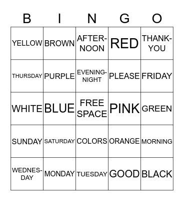 DAYS of WEEK and COLORS Bingo Card
