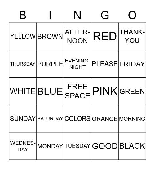 DAYS of WEEK and COLORS Bingo Card