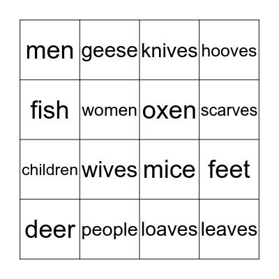 Irregular Plural Nouns Bingo Card
