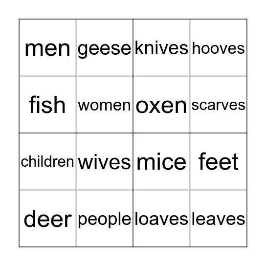 Irregular Plural Nouns Bingo Card