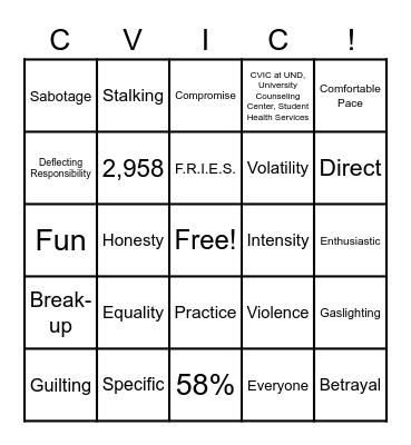 Relationship Bingo Card