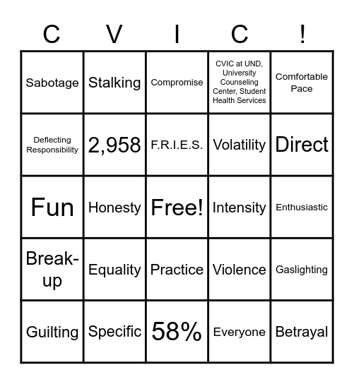 Relationship Bingo Card