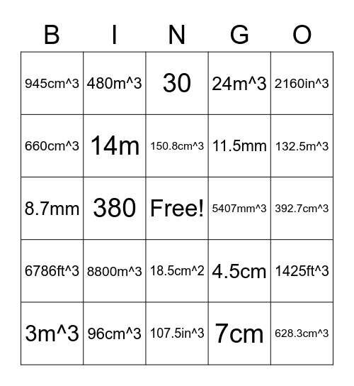 Volume of Prisms Bingo Card