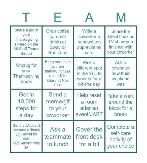 Thankful for our Team! Bingo Card