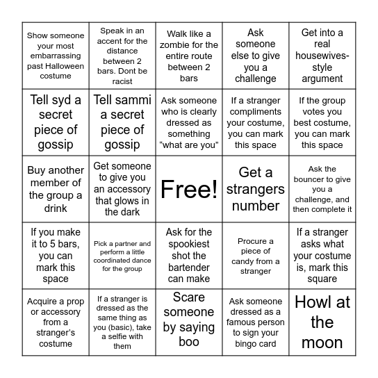 Halloween Bar Crawl Bingo Card