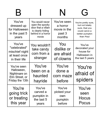 Halloween Question Bingo Card