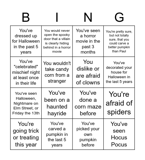 Halloween Question Bingo Card