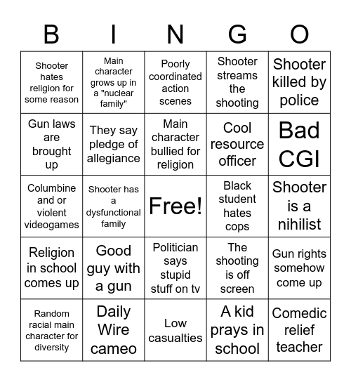 School Shooter Bingo Card