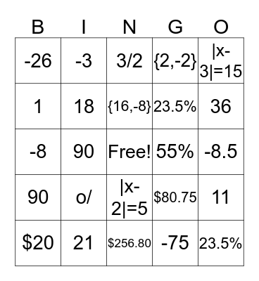 Algebra Bingo Card