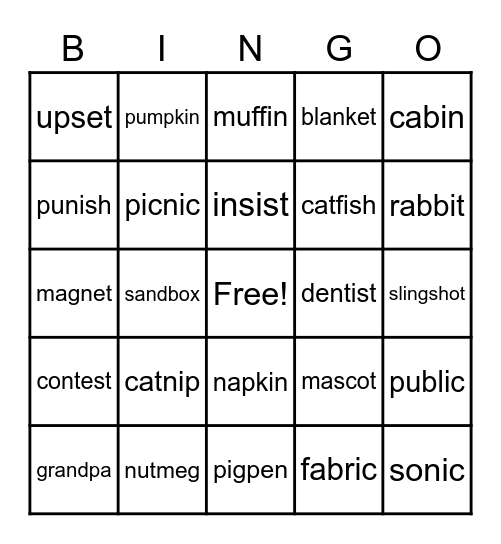 2 syllable closed Bingo Card