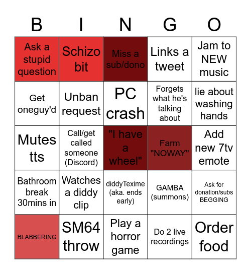 Diddysauce Bingo Card