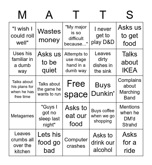 Weekly Matt S. Bingo Card