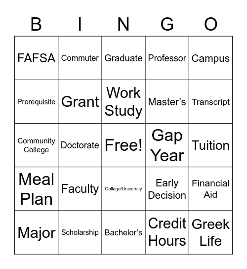 College Terms Bingo Card