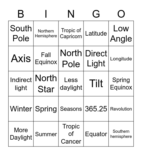 Reasons for Seasons Bingo Card