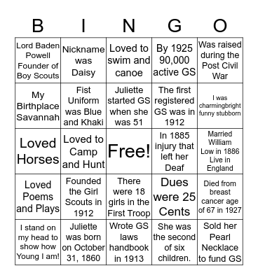 Juliette Gordon Low Bithday Bingo Card