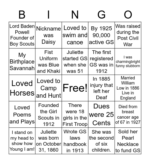 Juliette Gordon Low Bithday Bingo Card