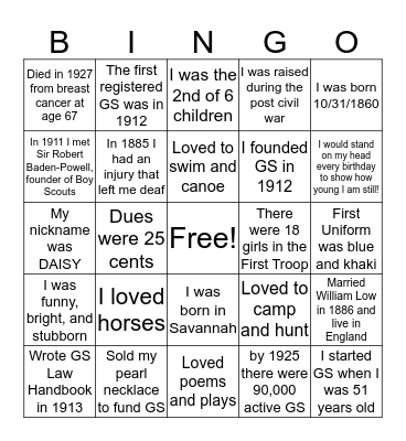 Juliette Gordon Low's Birthday Bingo Card