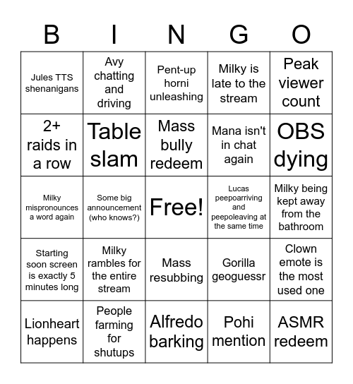 Milky comeback stream bingo Card