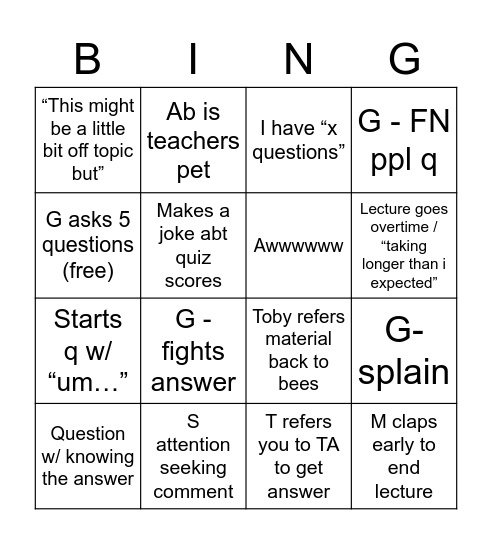 Class Bingo Card