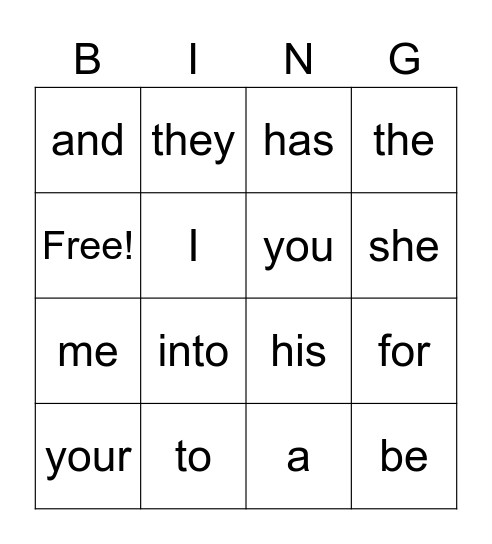 Sight Word Bingo Card