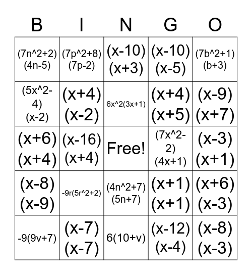 Factoring Bingo! Bingo Card