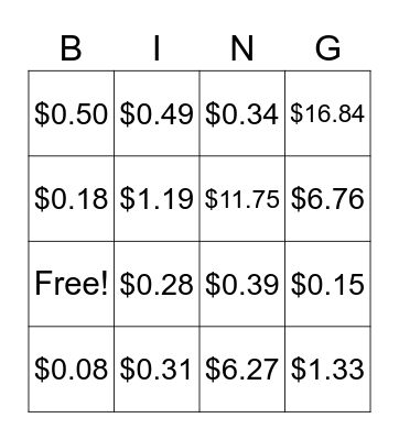 Count the Coins and dollars BINGO Card