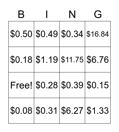 Count the Coins and dollars BINGO Card