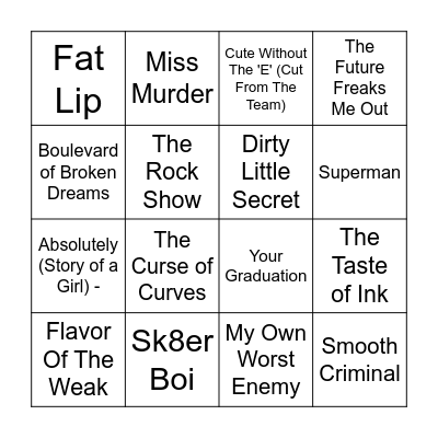 Pop Punk x Emo Bingo Round 1 Bingo Card