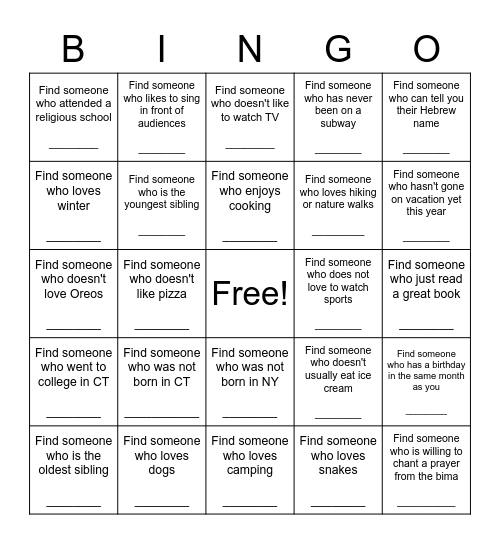 Friendship Bingo Card