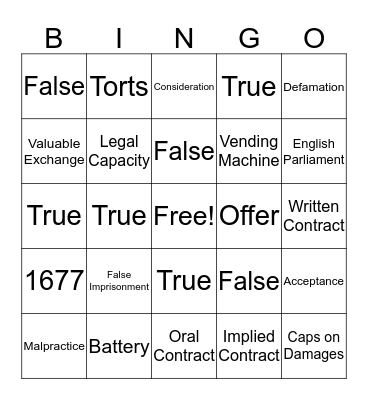 Torts and Contracts Bingo Card