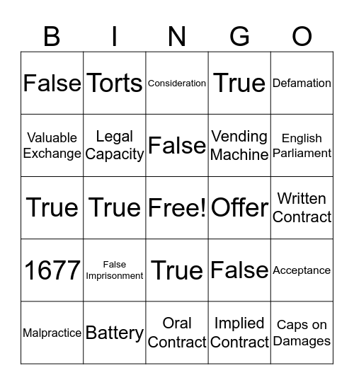 Torts and Contracts Bingo Card