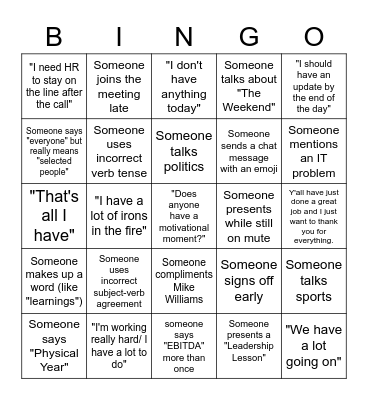 Morning Meeting Bingo Card