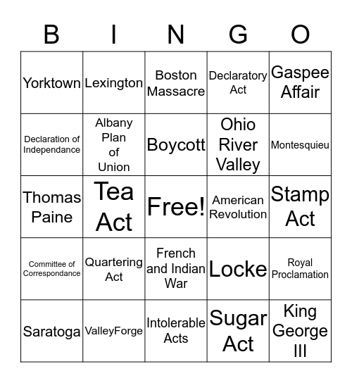 American Revolution Bingo Card